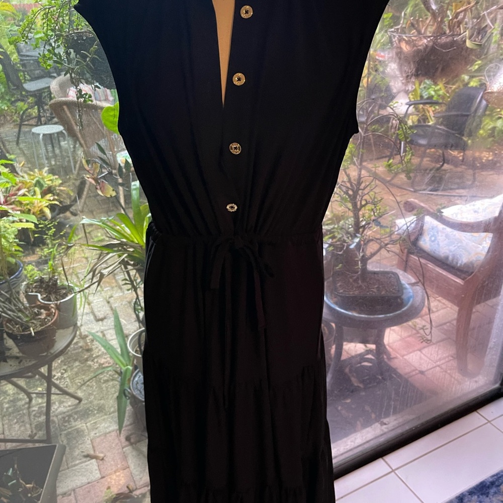 Anne Klein Black Button-Front Maxi Dress with Drawstring Waist